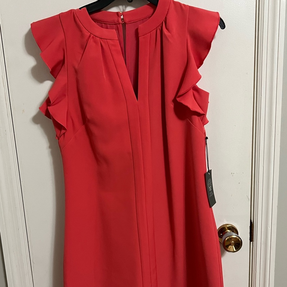 Vince camuto Split V-Neck Sheath Ruffle Cap Sleeve Crepe Dress